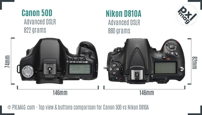 Canon 50D vs Nikon D810A top view buttons comparison