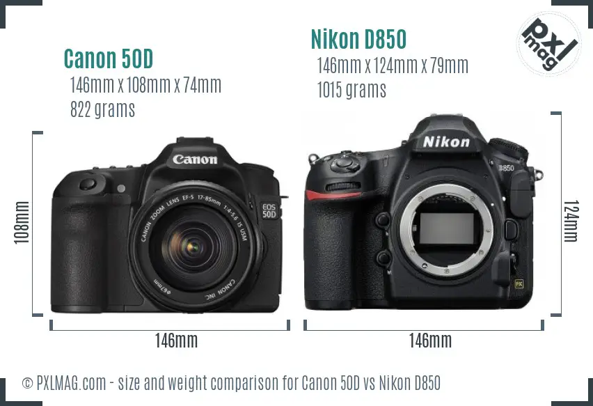 Canon 50D vs Nikon D850 size comparison
