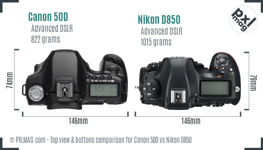 Canon 50D vs Nikon D850 top view buttons comparison