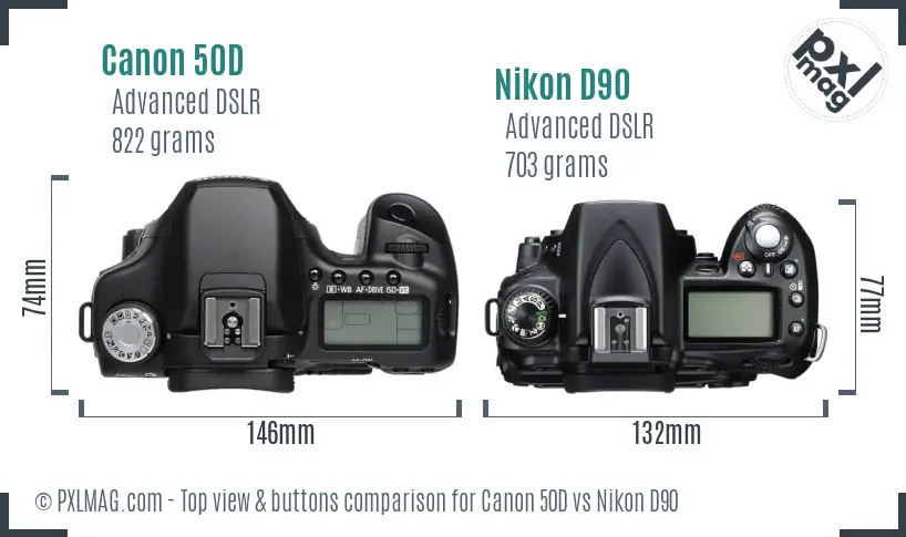 Canon 50D vs Nikon D90 top view buttons comparison