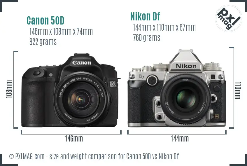 Canon 50D vs Nikon Df size comparison