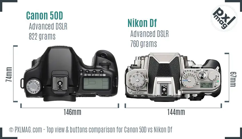 Canon 50D vs Nikon Df top view buttons comparison