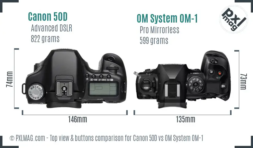 Canon 50D vs OM System OM-1 top view buttons comparison