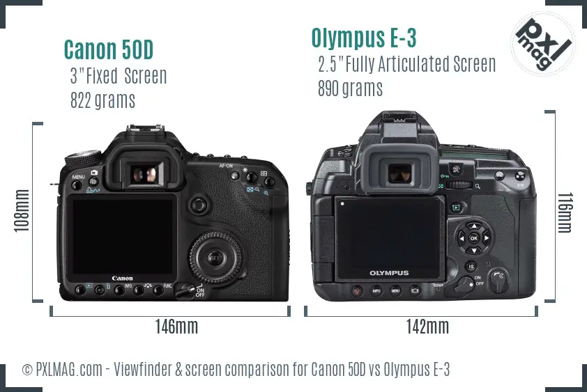 Canon 50D vs Olympus E-3 Screen and Viewfinder comparison