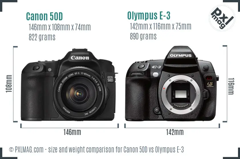 Canon 50D vs Olympus E-3 size comparison