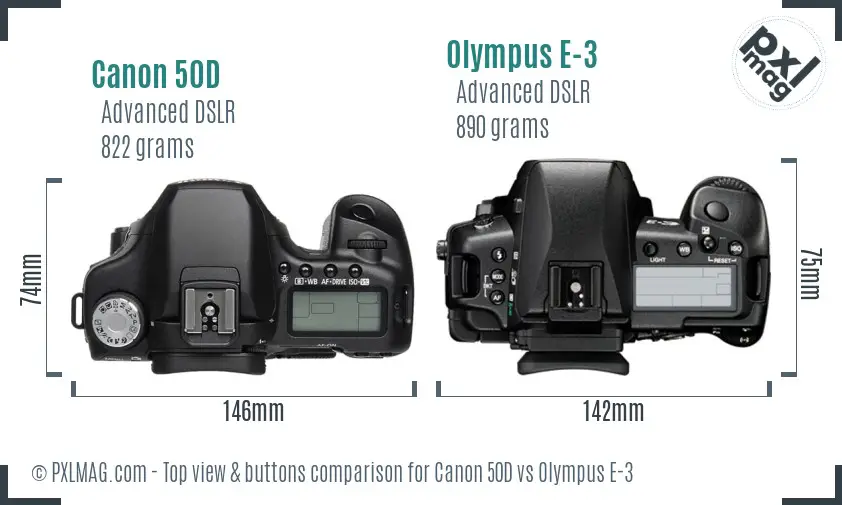 Canon 50D vs Olympus E-3 top view buttons comparison