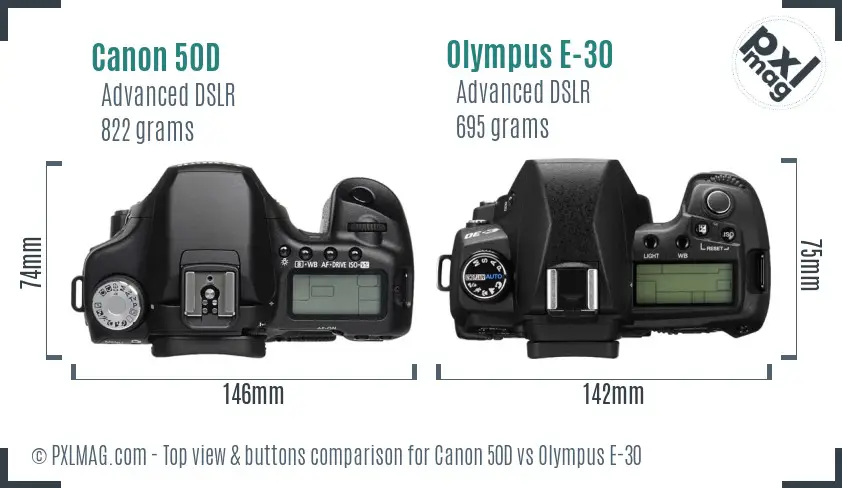 Canon 50D vs Olympus E-30 top view buttons comparison