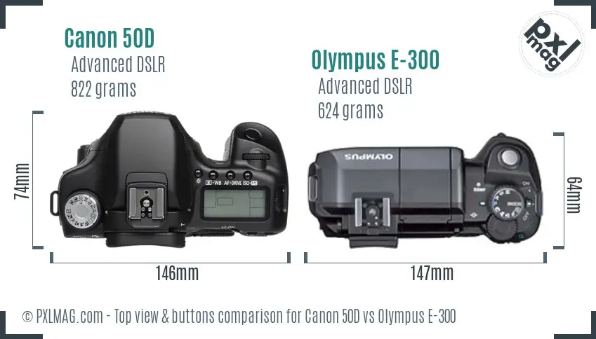 Canon 50D vs Olympus E-300 top view buttons comparison
