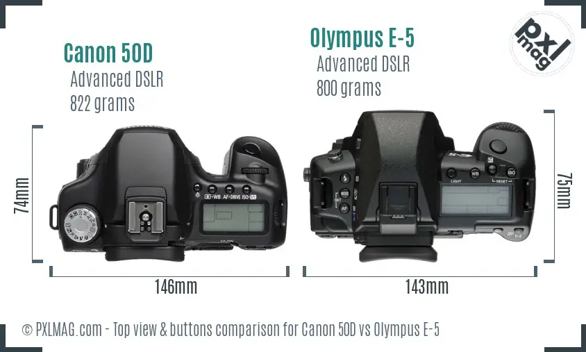 Canon 50D vs Olympus E-5 top view buttons comparison