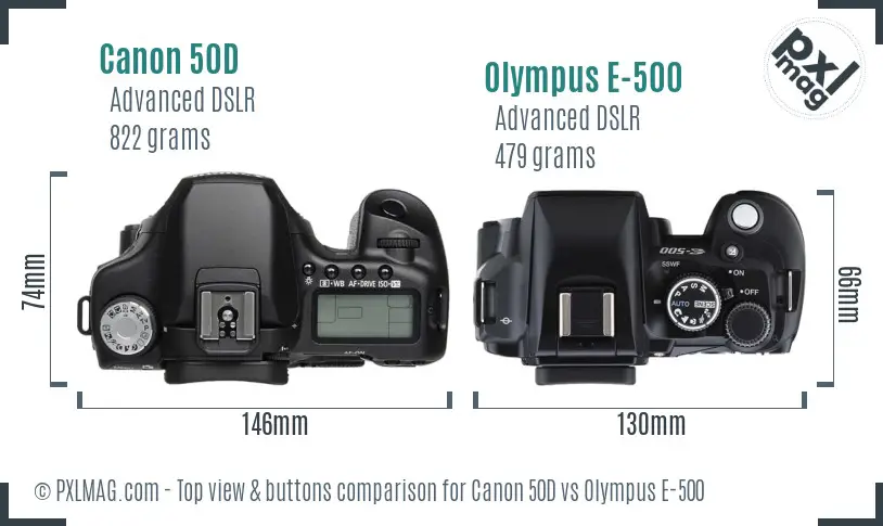 Canon 50D vs Olympus E-500 top view buttons comparison