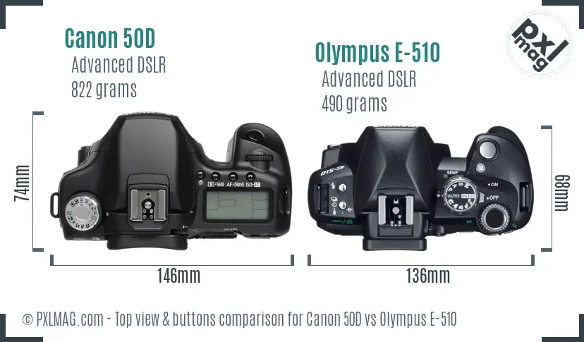 Canon 50D vs Olympus E-510 top view buttons comparison