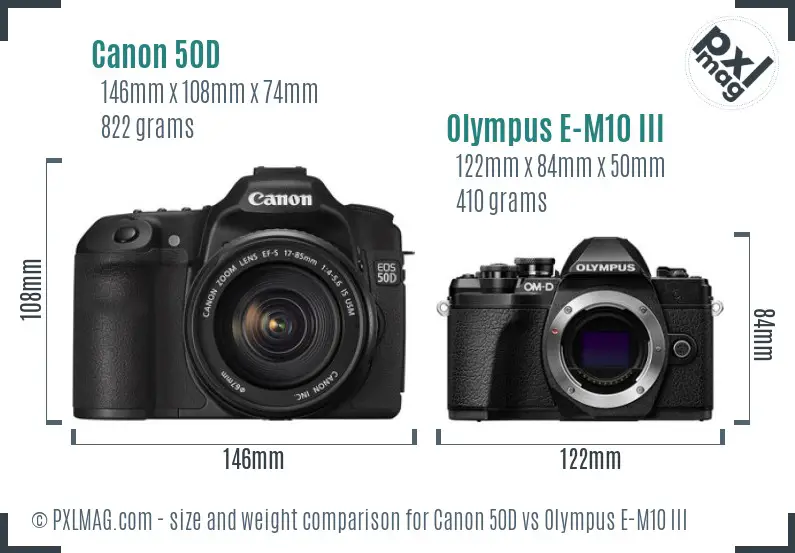 Canon 50D vs Olympus E-M10 III size comparison Canon 50D vs Olympus E-M10 III size comparison