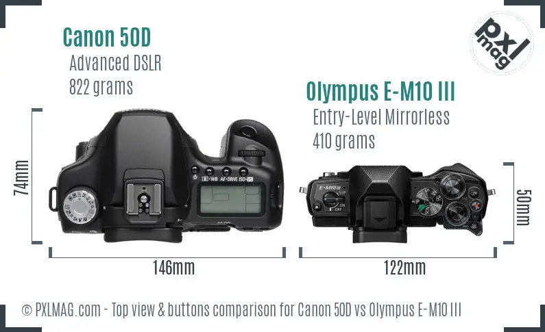 Canon 50D vs Olympus E-M10 III top view buttons comparison Canon 50D vs Olympus E-M10 III top view buttons comparison
