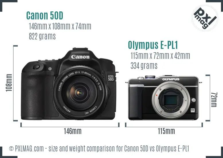 Canon 50D vs Olympus E-PL1 size comparison