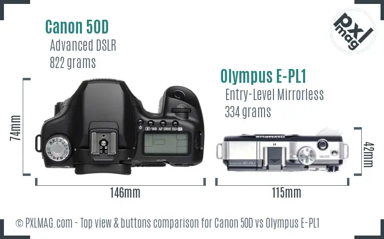 Canon 50D vs Olympus E-PL1 top view buttons comparison