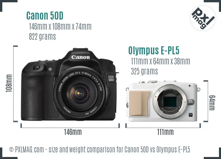 Canon 50D vs Olympus E-PL5 size comparison