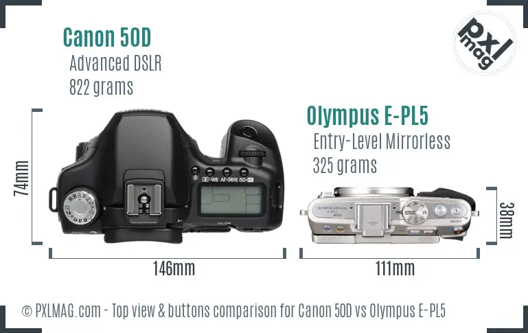 Canon 50D vs Olympus E-PL5 top view buttons comparison