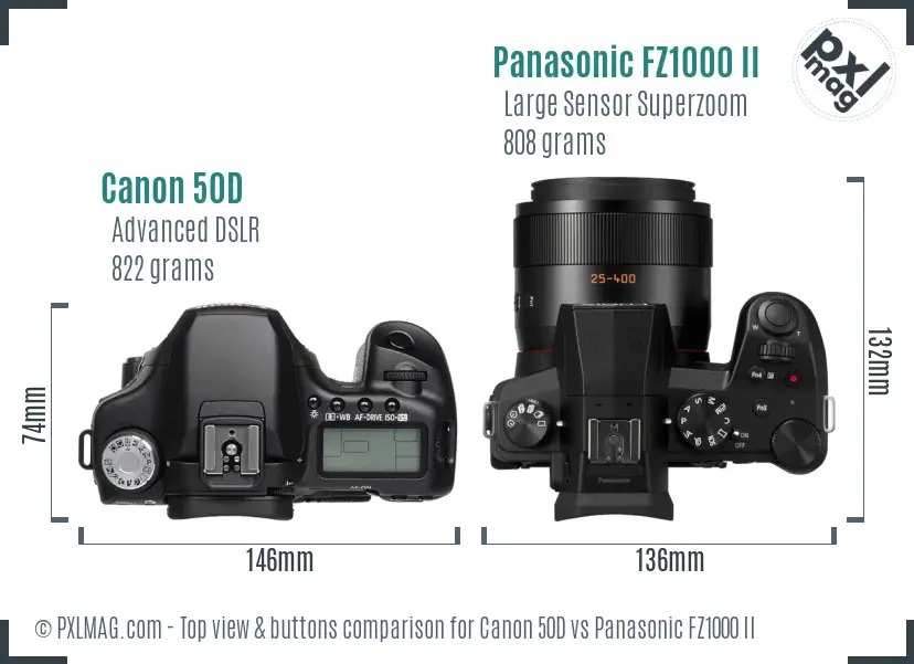 Canon 50D vs Panasonic FZ1000 II top view buttons comparison