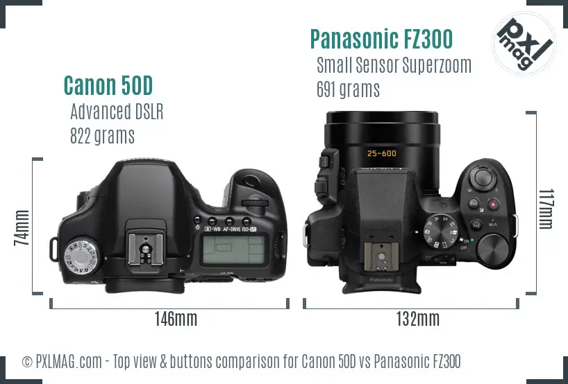 Canon 50D vs Panasonic FZ300 top view buttons comparison