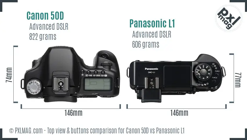 Canon 50D vs Panasonic L1 top view buttons comparison