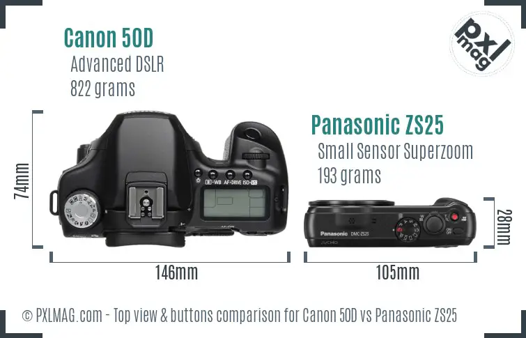 Canon 50D vs Panasonic ZS25 top view buttons comparison