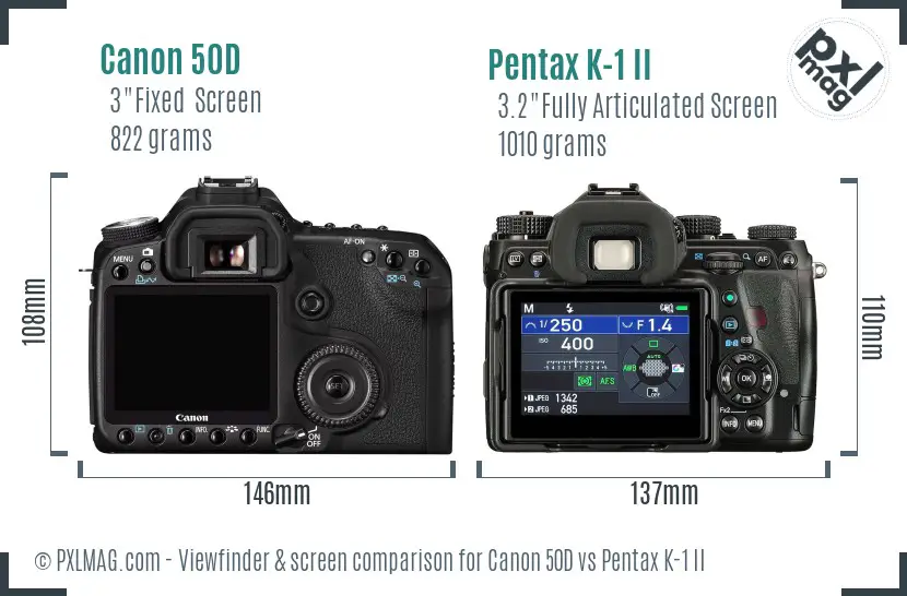 Canon 50D vs Pentax K-1 II Screen and Viewfinder comparison