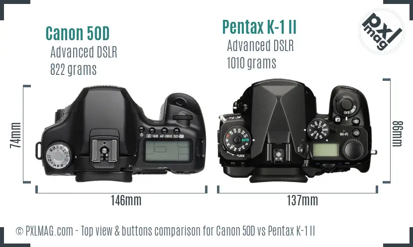 Canon 50D vs Pentax K-1 II top view buttons comparison