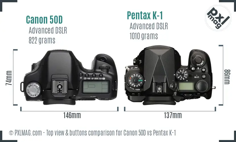 Canon 50D vs Pentax K-1 top view buttons comparison