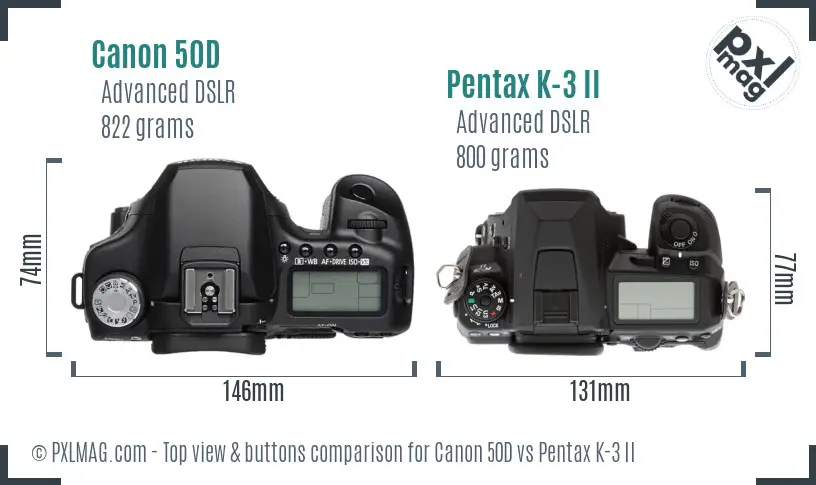 Canon 50D vs Pentax K-3 II top view buttons comparison