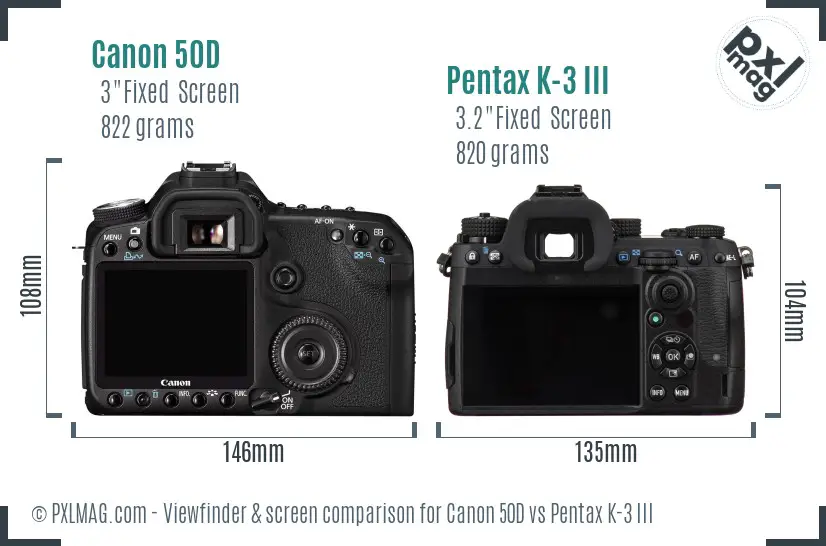Canon 50D vs Pentax K-3 III Screen and Viewfinder comparison
