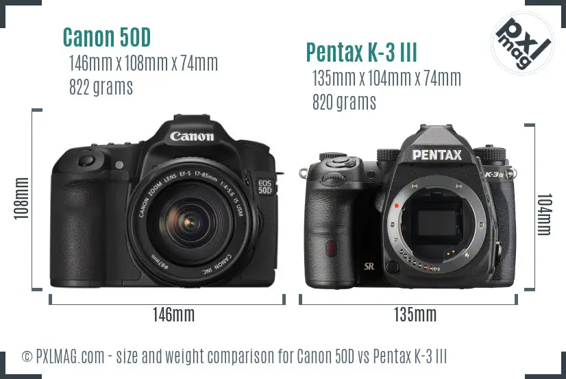 Canon 50D vs Pentax K-3 III size comparison