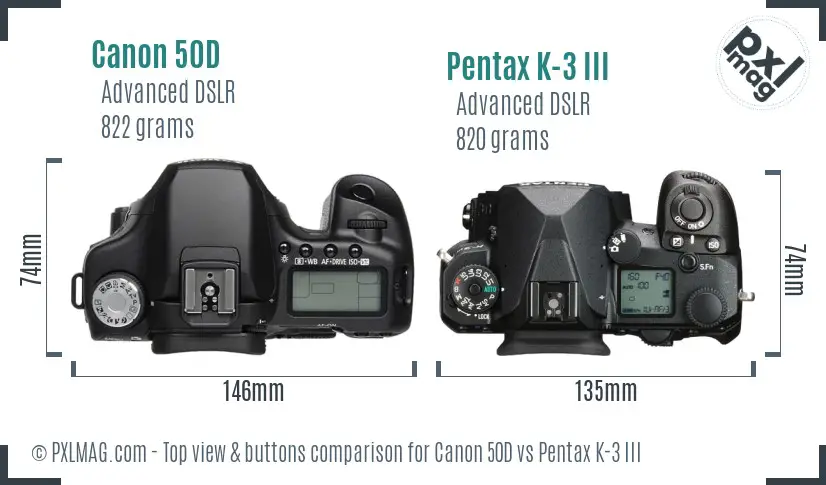 Canon 50D vs Pentax K-3 III top view buttons comparison