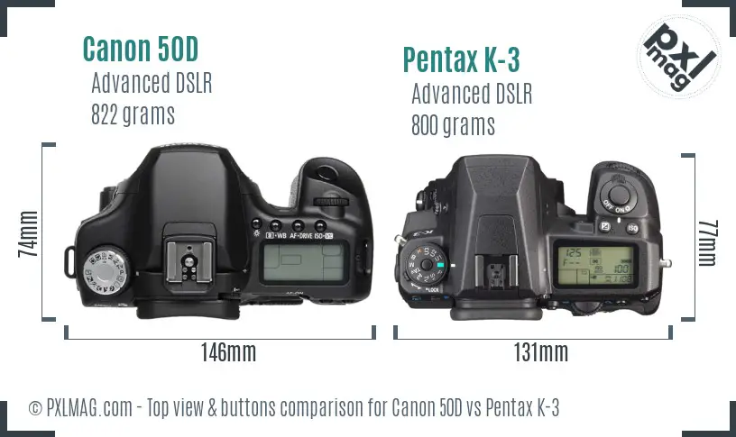 Canon 50D vs Pentax K-3 top view buttons comparison