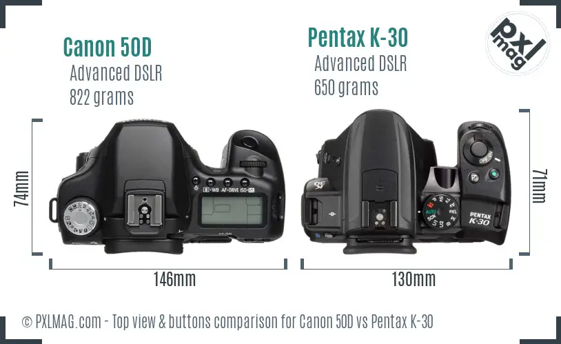 Canon 50D vs Pentax K-30 top view buttons comparison