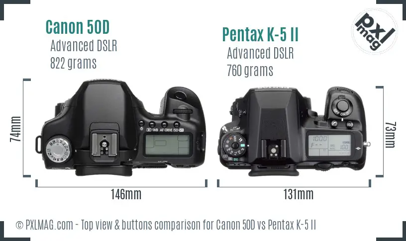 Canon 50D vs Pentax K-5 II top view buttons comparison