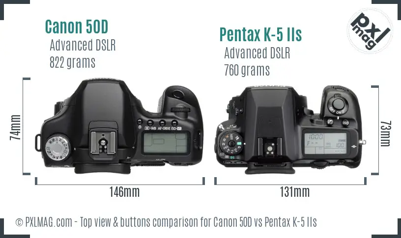 Canon 50D vs Pentax K-5 IIs top view buttons comparison