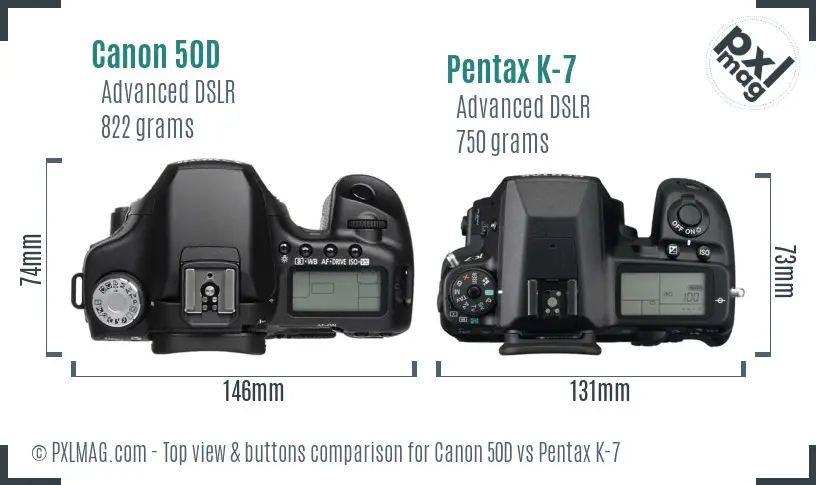 Canon 50D vs Pentax K-7 top view buttons comparison