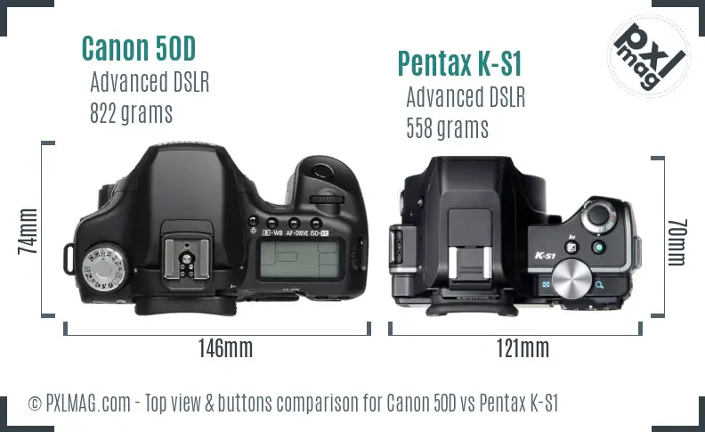 Canon 50D vs Pentax K-S1 top view buttons comparison