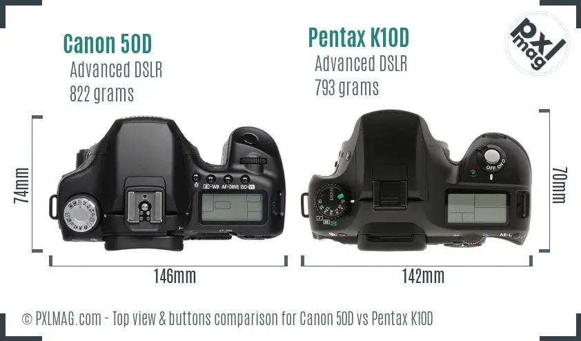 Canon 50D vs Pentax K10D top view buttons comparison