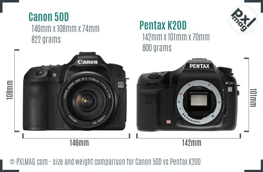 Canon 50D vs Pentax K20D size comparison