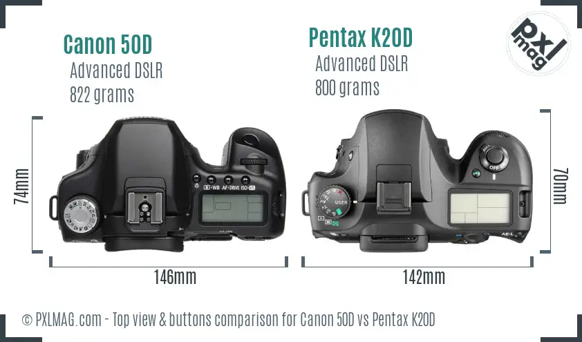 Canon 50D vs Pentax K20D top view buttons comparison
