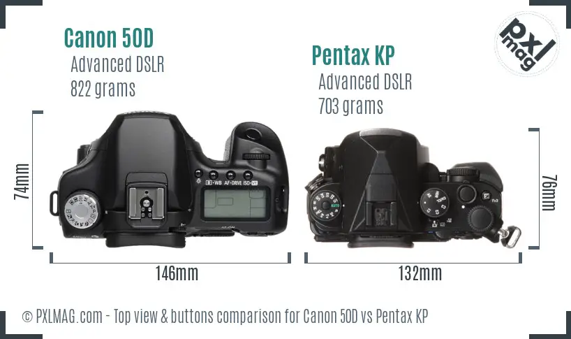 Canon 50D vs Pentax KP top view buttons comparison