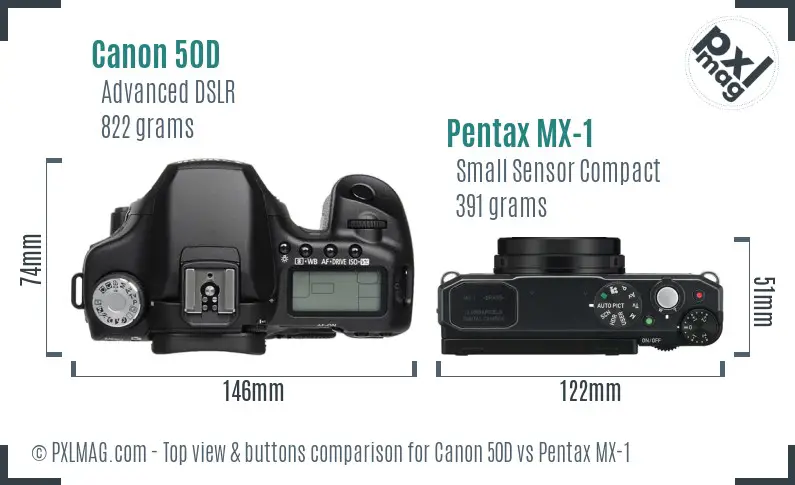 Canon 50D vs Pentax MX-1 top view buttons comparison