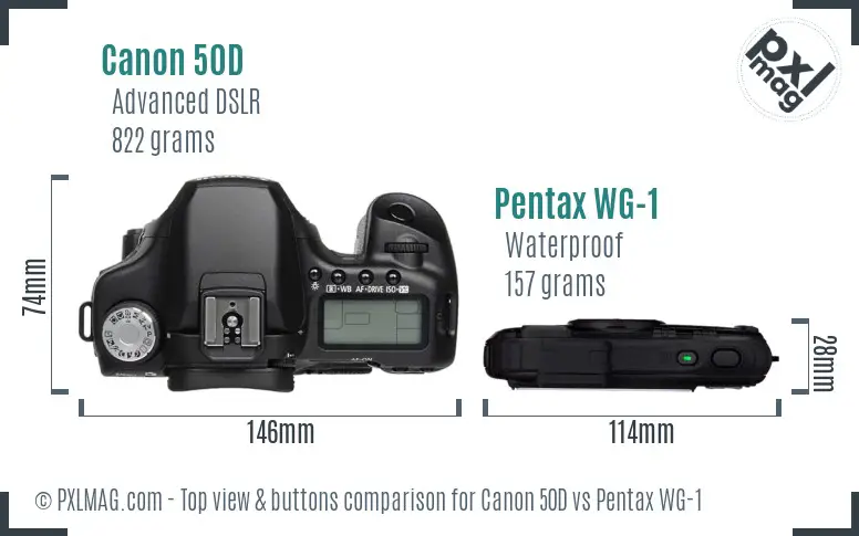 Canon 50D vs Pentax WG-1 top view buttons comparison