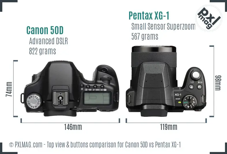 Canon 50D vs Pentax XG-1 top view buttons comparison Canon 50D vs Pentax XG-1 top view buttons comparison