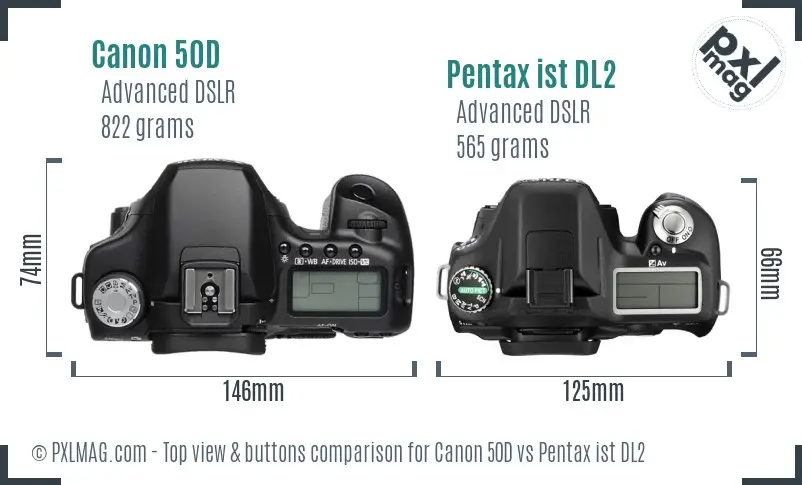 Canon 50D vs Pentax ist DL2 top view buttons comparison