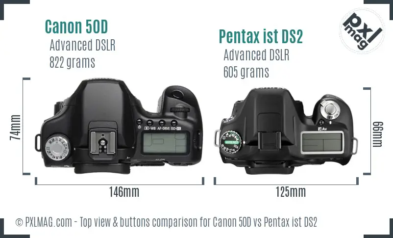 Canon 50D vs Pentax ist DS2 top view buttons comparison