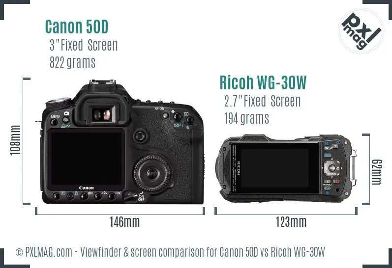 Canon 50D vs Ricoh WG-30W Screen and Viewfinder comparison