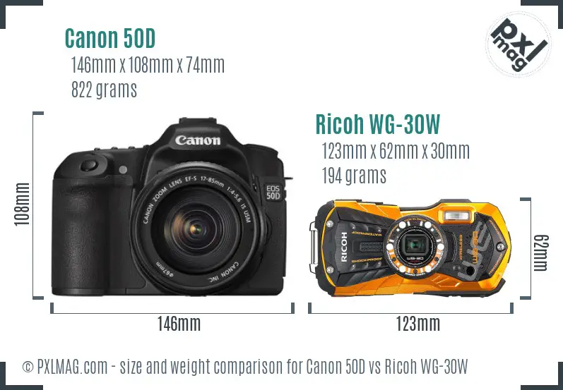 Canon 50D vs Ricoh WG-30W size comparison