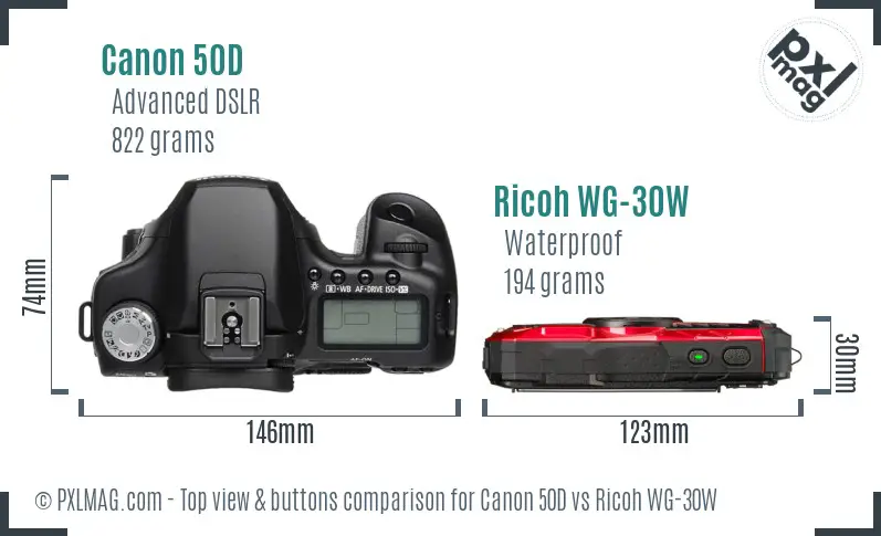 Canon 50D vs Ricoh WG-30W top view buttons comparison